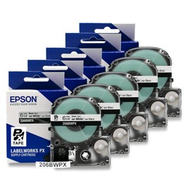 Epson LABELWORKS 206BWPX-5PK Genuine PET (Polyester) Tape Cartridge - 5 Unit Pack of Black on White Standard Industrial Label Maker Tape - 1/4" (6MM) Wide, 30 ft - 5 Pack