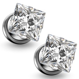 Ruifan Gauges For Ears ASTM F136 Titanium Square Clear CZ Single Flare Tapers Screw Tunnel Gauges Earrings Ear Expander Stretching Kit Plugs Piercing For Women Men 0G Silver