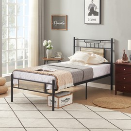 VECELO Twin Size Platform Bed Frame with Wood Headboard/Mattress Foundation/Premium Steel Slats Support/No Box Spring Needed,Grey Slate(Crown)