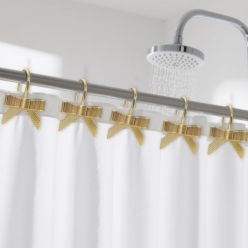 CTOHN 12-Piece Gold Bow Shower Curtain Hooks, Cute Metal Bows