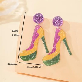 QLUYCKW Colorful Mardi Gras Earrings Acrylic Shining Letters Crown Mask Tassel Layered Leaf Shaped Leather Teardrop Dangling Stud Earrings Carnival Cosplay Theme Glitter Jewelry Accessories for Women (High Heels)