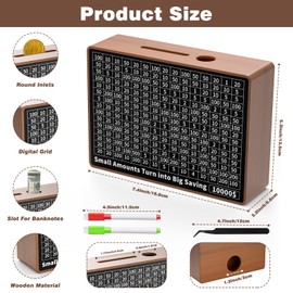 Wooden Money Saver Box 10000 with Dry Erase Tracker - $10K Savings Challenge for Adults & Kids, Cash Vault Piggy Bank (Reusable Counter + 1000/5000/10000 Target Versions), Money Savings Box Game.