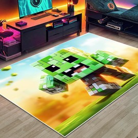 Block Game Rug Teen Boys Carpet with Pixel Games Decoration Mat, Green Man Cube Block Game Rugs for Boy’s Bedroom Living Room Playroom, Non-Slip Children Gaming Area Rugs (86" x 63")