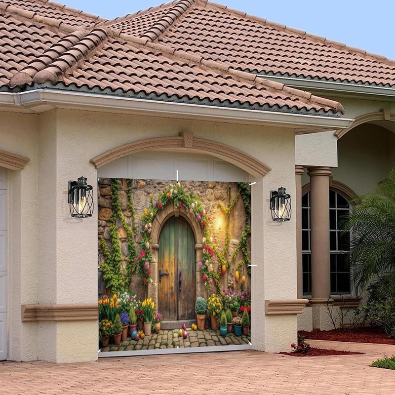 hraiufc Easter Garage Door Cover Decorations Banner Backdrop, 10x8ft, Green,
