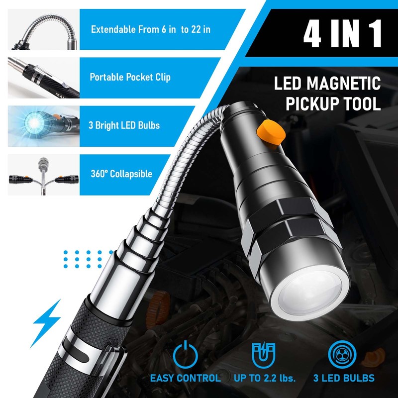 Telescoping Magnet Pickup Tool with 3 LED Magnetic Flashlight, Christmas
