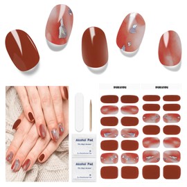 DUKASOU 28pcs Semi Cured Gel Nail Strips, Gel Nail Stickers Kit Work with Any UV Nail Lamps, Long Lasting Gel Nail Wraps for Girl Women, includes Prep Pads, Nail File & Wood Stick(Deep Red Sequins)