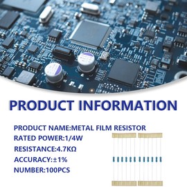Innfeeltech 100 Pcs 1/4W 1% Tolerance 4.7K Ohm Metal Film Resistor Resistance for DIY Project and Experiments