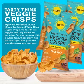 BIENA Tasty Thins Veggie Crisps - Low Calorie Veggie Chips for Adults and Kids - 4-Pack, 4 Ounce Bags - Nacho