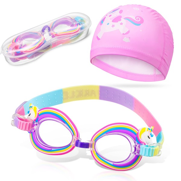 Fiada 2 Pcs Swimming Cap for Children Adjustable Swimming Goggles for Toddlers Swimming Hat Stretchy Anti-UV Anti-Fog for Teens 3-15 Years (Licorne)