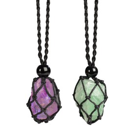 Anjiucc Natural Raw Gemstone Crystal Pendant Necklace Stone Holder Necklace Cord Hand-Woven Necklace with Adjustable Length for Women Men（2 PCS Amethyst+Green Fluorite）