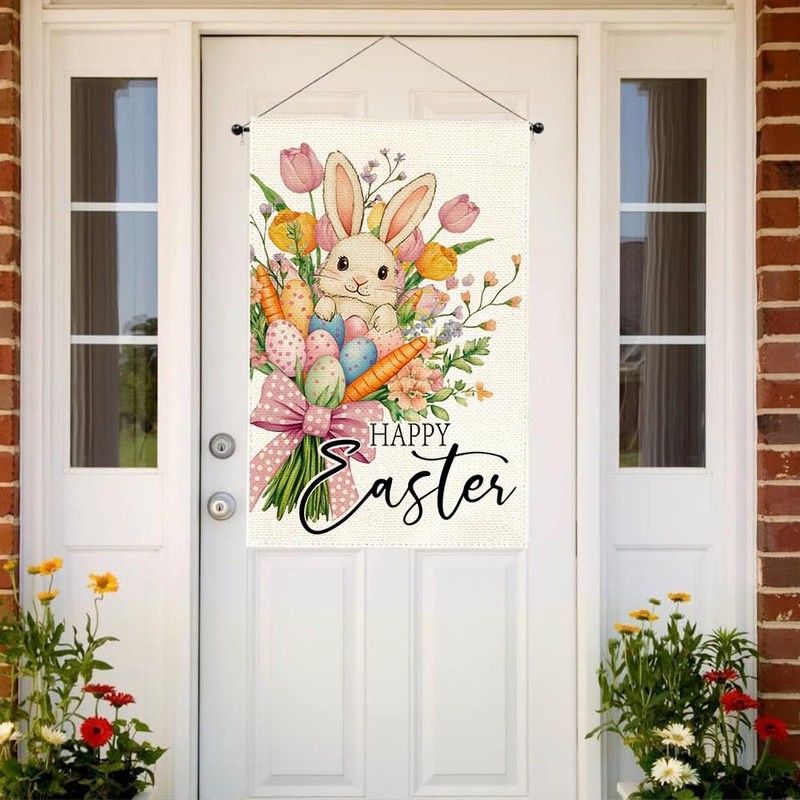 RABUSOFA Happy Easter Floral House Flag 28x40 Inch Double Sided
