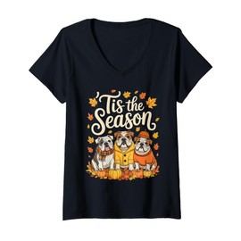 Womens Tis The Season English Bulldog Fall Autumn Pumpkin Dog V-Neck T-Shirt