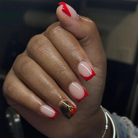 French Tip Press on Nails Short Square Fake Nails with Cherry Designs Summer Glue on Nails Short Red French Tip False Nails Glossy Nude Pink Acrylic Full Cover Reusable Stick on Nails for Women 24PCS