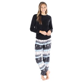 PajamaMania Women's Fleece Long Sleeve Pajama PJ Set, Charcoal Fair Isle, Small