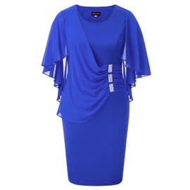 Hanna Nikole Women's Elegant Batwing Sleeves Cocktail Party Pencil Dress with Chiffon Capelet Large Royal Blue