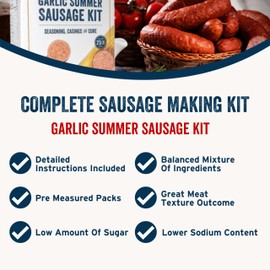 PS Seasoning Garlic Summer Sausage Kit - Includes Sausage Seasoning Mix, Cure, and Casings for up to 25 lbs of Meat - Easy to Use, Complete with Instructions - For Pork, Beef, Venison, Wild Game