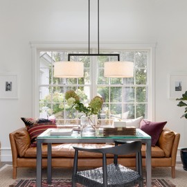 ELYCCUPA 39” Modern Chandelier Off-White Fabric Shade 2-Lights Adjustable Industrial Pendant Light Large Farmhouse Contemporary Pendant Lighting Fixtures for Dining Living Room Kitchen, UL Listed