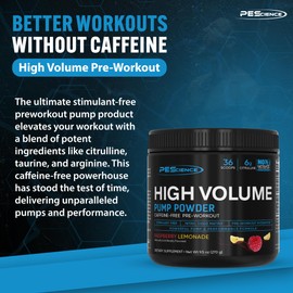 PEScience High Volume Stim-Free Pre Workout, Nitric Oxide Booster with L Citrulline & L Arginine Nitrate, Non-Stim Preworkout for Men and Women, 36 Scoops, Raspberry Lemonade