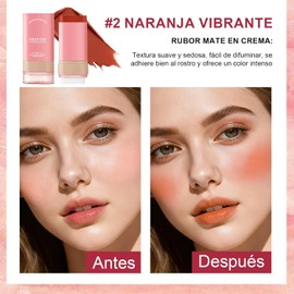 Rubor Multifuncional en Crema con Esponja Incorporada, 3 en 1 Blush en Barra, Sombra de Ojos y Labial, Textura Seda Duradera e Hidratante, Ideal para Retoques Rápidos sin Ensuciar Manos (Naranja Vibrante)