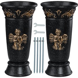 AOFOX Resin Vase, 2 Pcs Black Angel Cemetery Flower Vase with Spikes, Draining Hole, for Gravesite, Headstone Flowers, Memorial Grave Decorations