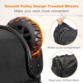 Rolling Backpack Tool Bag with Wheels, Heavy Duty Electrician's Tool Bag on Wheels for Construction Work, 75 Pockets & Loops with Molded Base and Combination Lock