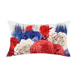 ONWAY Patriotic Lumbar Pillow Cover 12x20 Inch 4th of July Red and Blue Floral Flower Decor Throw Pillows Independence Day Patio Cushion Case for Sofa Couch Home