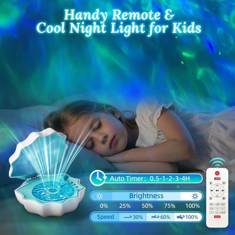 Ocean Wave Projector Light, Shell Night Light Built-in Bluetooth Speaker,