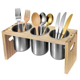 EcoDuck 3 Pack Utensil Holder, Stainless Steel Organizer with Wood Base, 3 Compartment Flatware Caddy for Spoons Knives Forks, Kitchen Utensil Holder Countertop Organizer for Cabinet Buffet