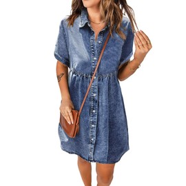 LOOKUB Women's Denim Dress for Women 2025 Jean Dress Blue Jean Dresses Short Sleeve Plus Size Mini Denim Dress,L, MediumBlue