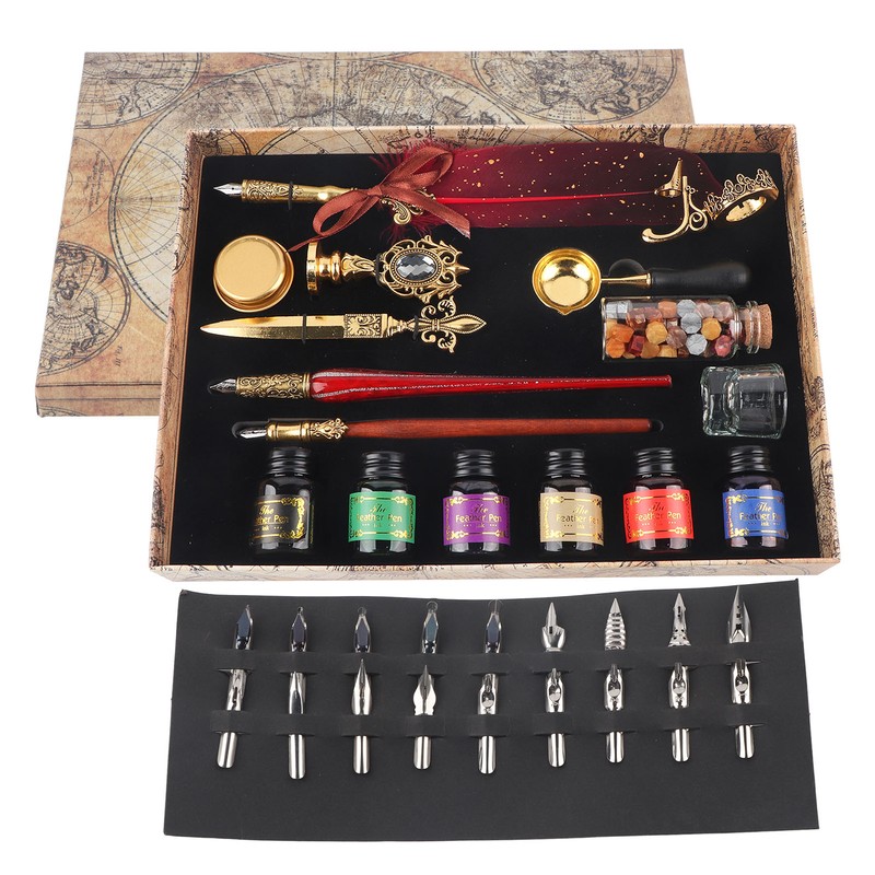 Feather Pen Set European Style British Retro Lacquer Stamp Dipped
