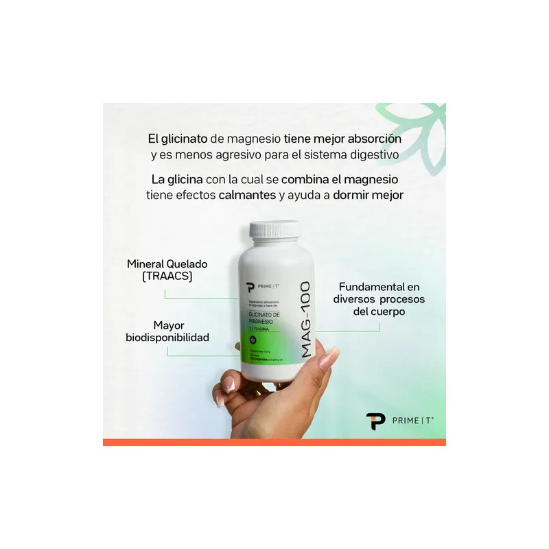 Magnesio Glicinato Mag100 Primetech 100 Cáps Una Combinación Aminoácido Glicina
