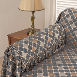 Loom and Mill Chenille Jacquard Sofa Arm Covers 2 PCS, Elegant Checkered Couch Armrest Cover with Tassels, Non-Slip Furniture Protector for Chair Sofa Couch Dogs Pets, Blue-Grey+Khaki+Beige, 20x24in