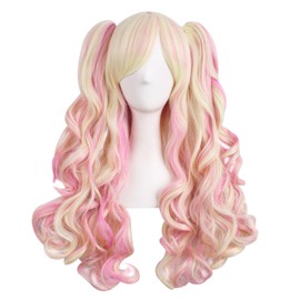 MapofBeauty Multi-color Lolita Long Curly Clip on Ponytails Cosplay Wig (Blonde/Pink)