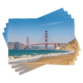 Ambesonne Landscape Place Mats Set of 4, Panoramic View of Golden Gate Bridge San Francisco Coastline Nature Seascape, Washable Fabric Placemats for Dining Table, Standard Size, Blue Turquoise