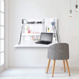 Prinz Work From Home Wall-Mounted Desk, White Folding With Chalkboard Front, Space-Saving Floating Design, Ready to Hang, Interior Shelves, 36 x 24 x 5 Inches