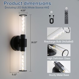 HONGREN Black Battery Operated Wall Sconces Set of Two Modern Rechargeable Wall Sconces with Remote Control LED Dimmable Wall Lights for Living Room Bedroom Hallway (2 Pack)