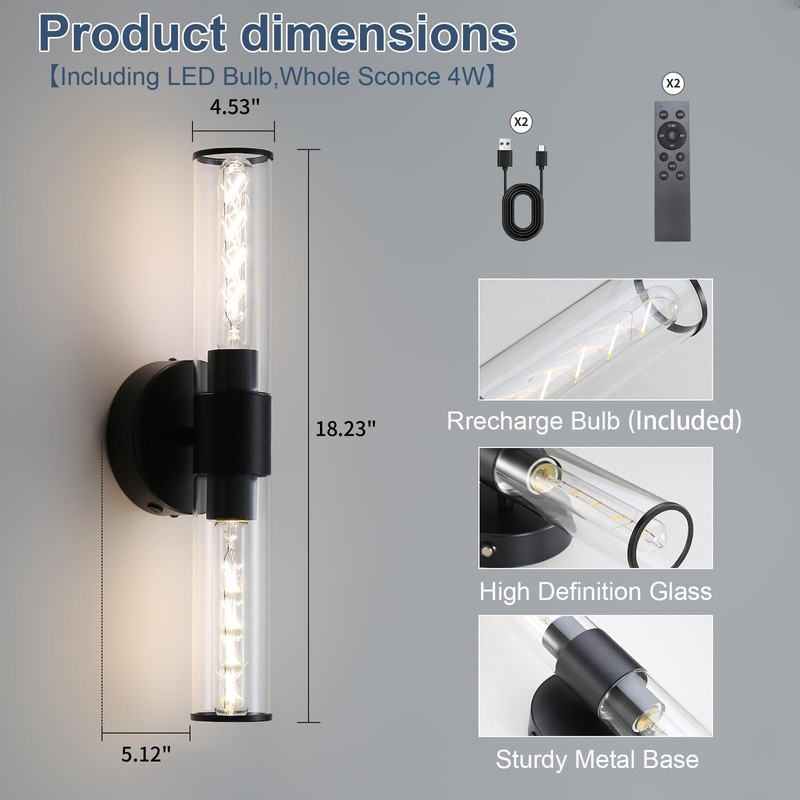 HONGREN Black Battery Operated Wall Sconces Set of Two Modern
