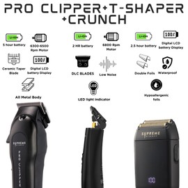 Supreme Trimmer 3-in-1 Barber Bundle | Pro Clipper, T-Shaper Trimmer & Crunch Foil Shaver | Professional Beard Trimmer Men’s Hair Clipper Kit | Black