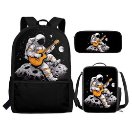Chaqlin Boys & Girls Back to School Bags Astronaut Guitar Print Backpacks for Kids & Teens - Large Bookbags with Insulated Lunch Tote & Pen Holder Set