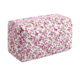 HHQQWZ Makeup Bag Travel Cosmetic Bag for Women Girls, Zipper Make Up Pouch, Floral Flowers Toiletry Organizer Makeup, Portable Storage Cosmetic Travel Cloth Bag (Red-Floral)