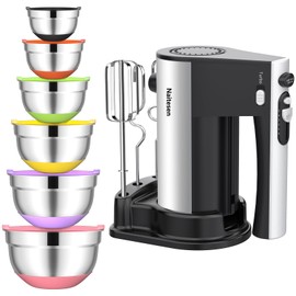 600W Electric Hand Mixer with 6 Piece Mixing Bowls with Airtight Lids Set, Mixer Electric Handheld Stainless Steel Metal Nesting Bowls Set for Kitchen Cooking Baking