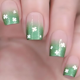 St. Patrick's Day Press on Nails Short Square Fake Nails with Shamrock Designs Green French Tip Nails Press ons Glossy Glue on Nails Nude Acrylic Nails Gradient Stick on Nails for Women 24Pcs