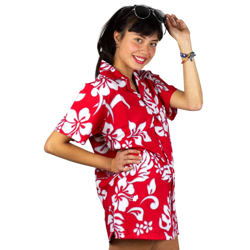 Funky Hawaiian Blouse, Hibiskus, red, XXL