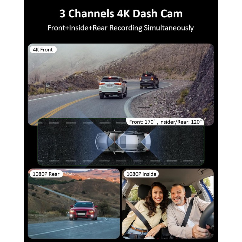 3 Channel 4K WiFi Dash Cam, 4K+1080P+1080P Front Inside and
