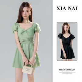 Women's Stylish Short-Sleeve One-Piece Swimsuit with Tummy Control Skirt, Plus Size Modest Swimwear R99 L (95-105 geun) / 825 Black (Polyester Fabric) 2ea