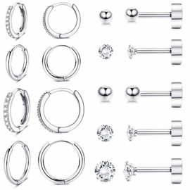 Sanfenly 9 Pairs Earrings Sets for Multiple Piercing Hypoallergenic 14K Gold Plated Small Huggie Hoop Earrings for Women Tiny Ball CZ Gold Flat Back Stud Earrings for Women Lobe Helix Cartilage Earrings
