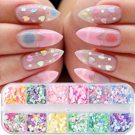 12 Grids Heart Nail Art Glitter Sequins 3D Holographic Nail Glitter Flakes Heart Shape Nail Art Stickers Heart Nail Sequins Colorful Laser Nail Design Charms for Women Girls DIY Valentine's Nail Decor