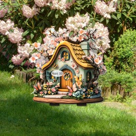 WGKOMEGE Rural Houses Garden Stake Decor, Acrylic 2D Flat Flower Statue, Fairy Sculptures Ornament Indoor Outdoor Yard Lawn Pot Plant Decorative (Yellow-Flower House)