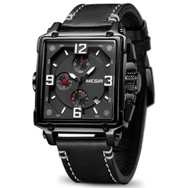 MEGIR Men's Analogue Army Military Chronograph Luminous Quartz Watch with Fashion Leather Strap for Sport & Business Work ML2061G, BLACK, Quartz Watch,Chronograph