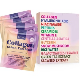 B ETRNL Collagen Face Mask - 13-in-1 Bio Collagen Real Deep Overnight Mask - Hydrating Glass Skin Facial Mask - Anti Wrinkle Korean Skincare Inspired Face Sheet Masks - Quantity: 8 Pack